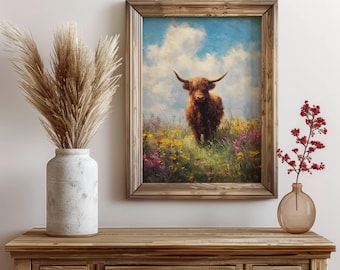 Flower Field Cow , Cow Wall Art Print , Farmhouse Decor, Animal Lover Gift, Sunflower Art, Country Living, Western Themed, Highland Cow art