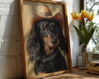 Weinerdog in Cowgirl Hat Poster | Vintage Painting | Dachshund art |Dachshund cowgirl