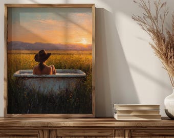 Poster in stile dipinto a olio con tramonto in vasca da bagno, stampa su poster, decorazione da parete, arredamento per la casa in stile western, arte country western, arte da cowgirl