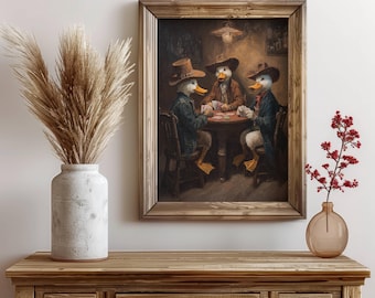 Poster, Cowboy Ducks Playing Cards at an Old Western Bar Oil Painting, Vintage Wild West Art Print, Western Home Decor, Funny Animal, duck