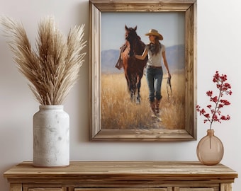 Cowgirl With Horse, Horse lover Wall Art, Western Decor, Oil Painting Print, Farmhouse Poster, Rustic Wall Decor
