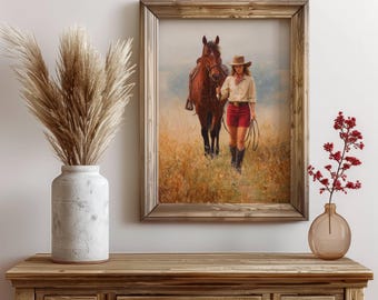 Cowgirl Leading Horse In a Prairie, Horse lover Wall Art, Western Decor, Oil Painting Print, Farmhouse Poster, Rustic Wall Decor