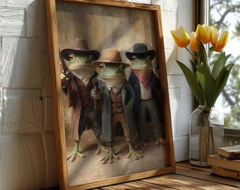 Western frog cowboys, Rustic Frog Wall Art Print, Prairie Decor, Animal Lover Gift, Country Living, Western Themed, Rustic vibes, Frog art