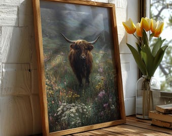 Wildflower Highland , Cow Wall Art Print , Farmhouse Decor, Animal Lover Gift, Sunflower Art, Western Themed, Highland Cow art, western art