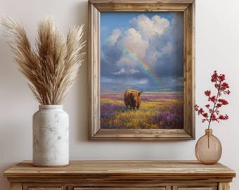 Olieverfschilderij Highland Cow poster, archivering mat Wall Art Print, wilde bloemen veld regenboog decor, natuurliefhebber cadeau, boerderij thuis, western