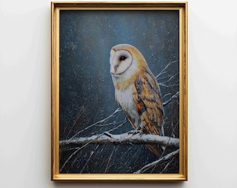 Barn Owl On A Branch Poster | Wildlife Art Prints | Vintage Painting