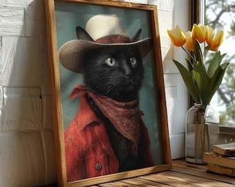 Black Cat Cowboy Painting Poster | Western print