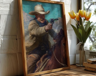 Cowboy Horseback Shooting Revolver Poster | Western Rodeo Art Print