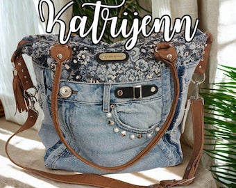 Recycled Denim Crossbody Bag, Floral Hobo Purse, natural  Leather Straps