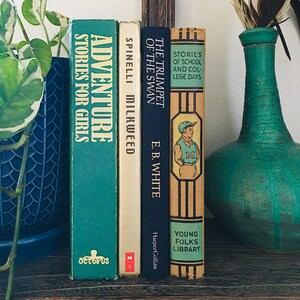 May include: Four vintage hardcover books with colorful spines and titles. The books are arranged vertically on a wooden shelf. The titles are "Adventure Stories for Girls", "Spinelli Milkweed", "The Trumpet of the Swan" by E.B. White, and "Stories of School and College Days".