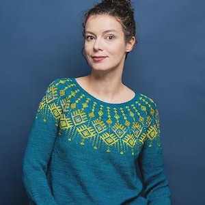 Patrón de jersey de punto con diseño de colores nórdicos para mujer (PDF digital)
