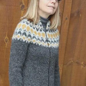 May include: A gray zip-up sweater with a patterned yoke in white, yellow, and gray. The sweater has long sleeves and a high collar. The background is a wooden wall.
