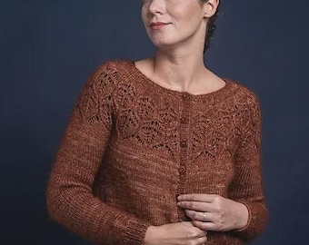 Lace Yoke Cardigan Knitting Pattern PDF – Buttoned Sweater for Women, Top-Down Knit Design