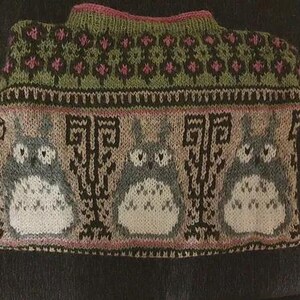 May include: A knitted sweater featuring a design of three cartoon characters with large eyes and white bellies. The sweater has a green and pink floral pattern at the top, with a pink neckline and cuffs. The main colors are gray, white, black, green, and pink.