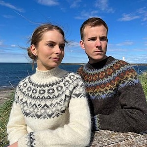 Può includere: Due persone indossano maglioni fantasia. La donna indossa un maglione color crema con un design geometrico grigio e nero. L'uomo indossa un maglione marrone con un motivo geometrico colorato. Sono all'aperto con un cielo blu e l'oceano sullo sfondo.