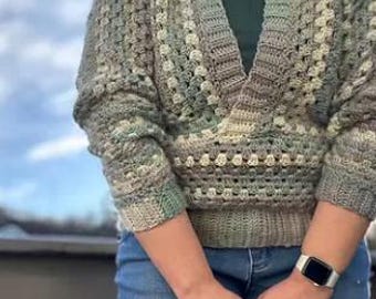 Suéter aconchegante de crochê grosso com decote em V e ponto vovó | Tutorial digital de crochê | Download instantâneo