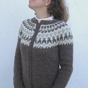 May include: A brown zip-up sweater with a patterned yoke in shades of gray and white. The sweater is worn over a white turtleneck. The person is wearing black pants.