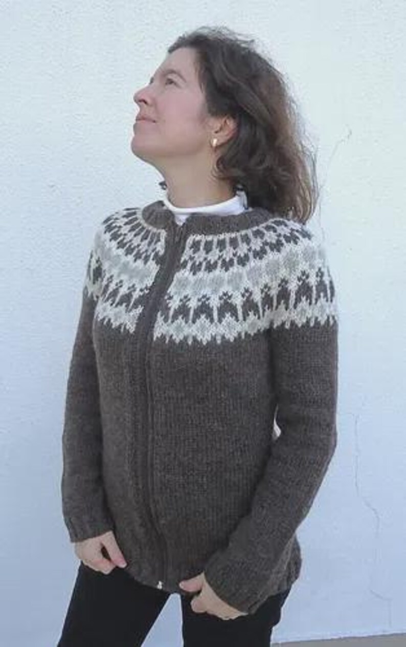 May include: A brown zip-up sweater with a patterned yoke in shades of gray and white. The sweater is worn over a white turtleneck. The person is wearing black pants.