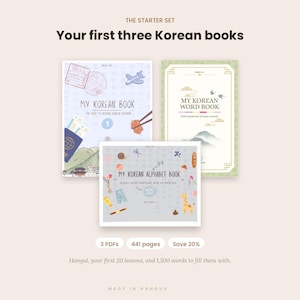 Op de afbeelding: Een set van drie Koreaanse leerboeken getiteld My Korean Book, My Korean Word Book en My Korean Alphabet Book. De covers bevatten illustraties van een paspoort, vliegtuig, bergen en diverse kleine iconen. De tekst bevat The Starter Set en Your first three Korean books.
