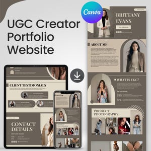 Puede incluir: Dise&ntilde;o de sitio web de portafolio digital para un creador de UGC, que se muestra en una tableta y un tel&eacute;fono inteligente. El dise&ntilde;o presenta una paleta de colores neutros con secciones para testimonios, datos de contacto y fotograf&iacute;a de productos. El logotipo de Canva es visible.