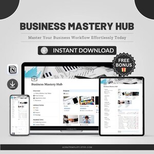 Plantilla Notion para Business Mastery Hub / Panel de control empresarial todo en uno para emprendedores, CRM, finanzas y sistema de gestión de proyectos.