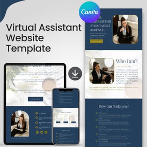 May include: A virtual assistant website template showcased on a tablet and smartphone. The design uses navy blue and gold tones, with the text "Virtual Assistant Website Template" and "Canva". The template includes sections for services and client testimonials.
