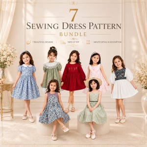 Peut inclure: Un graphique numérique affichant 7 Sewing Dress Pattern Bundle avec du texte. Sept enfants portent diverses robes, notamment des styles à fleurs bleues, à volants verts, rouges à manches longues, roses et blancs. Le texte indique les tailles 2Y-10Y.