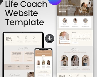 Plantilla web de Canva para coaches de vida, diseño web para coaches de negocios, página de ventas editable en Canva, tema para sitio web de coaches de estilo de vida y marca personal.