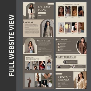 Puede incluir: Dise&ntilde;o completo de un sitio web en tonos neutros. Incluye secciones para "Acerca de m&iacute;", "Fotograf&iacute;a de productos", "Portafolio de video", "Precios de UGC", "Testimonios de clientes" y "Datos de contacto". El nombre "Brittany Evans" se muestra.