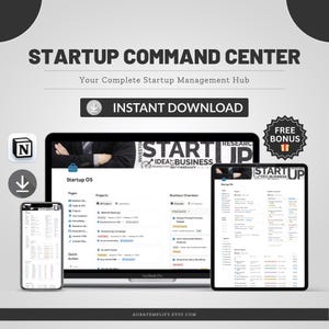 Op de afbeelding: Een digitale productmockup met een laptop, tablet en smartphone die een startup management hub-interface weergeven. De tekst "STARTUP COMMAND CENTER" en "DIRECT DOWNLOADEN" zijn zichtbaar. Er is ook een "GRATIS BONUS" sticker aanwezig.