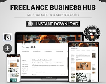 Plantilla Notion Freelance Business Hub, CRM para clientes, gestor de proyectos, panel de control de finanzas, organizador para freelancers, descarga digital.