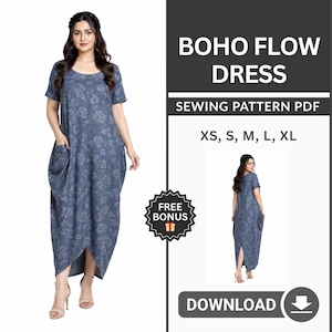 May include: A blue Boho Flow dress sewing pattern PDF. The dress features a floral pattern, short sleeves, and pockets. The sizes available are XS, S, M, L, and XL. The image also includes a small bonus icon and a download button.
