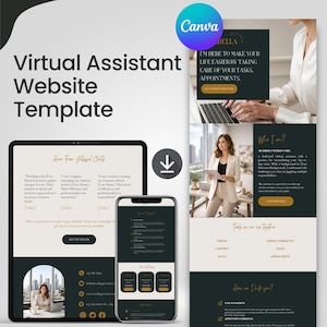 Può includere: Un modello di sito web per assistente virtuale visualizzato su tablet e smartphone. Il design presenta una combinazione di colori verde scuro e beige con il testo "Virtual Assistant Website Template" e il marchio "Canva".