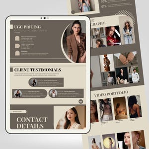 Puede incluir: Una tableta digital muestra una presentaci&oacute;n de marketing con el texto "UGC PRICING", "CLIENT TESTIMONIALS" y "CONTACT DETAILS". La presentaci&oacute;n incluye im&aacute;genes de modelos y una cartera de videos. La combinaci&oacute;n de colores es neutra con tonos marrones y beige.