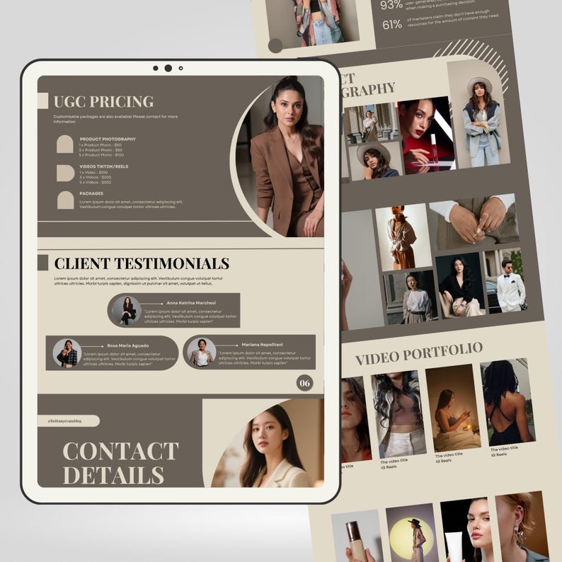 Puede incluir: Una tableta digital muestra una presentaci&oacute;n de marketing con el texto "UGC PRICING", "CLIENT TESTIMONIALS" y "CONTACT DETAILS". La presentaci&oacute;n incluye im&aacute;genes de modelos y una cartera de videos. La combinaci&oacute;n de colores es neutra con tonos marrones y beige.