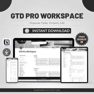 May include: An advertisement for a digital product showing a laptop, tablet, and smartphone displaying the "GTD Pro Workspace" interface. The image includes the text "INSTANT DOWNLOAD" and "FREE BONUS". The product is designed to help organise tasks, projects, and life.
