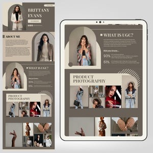 Puede incluir: Un portafolio de marketing digital que se muestra en una tableta y un tel&eacute;fono. El portafolio presenta im&aacute;genes de fotograf&iacute;a de productos e informaci&oacute;n sobre UGC. El texto incluye "Brittany Evans", "About Me" y "What is UGC?"