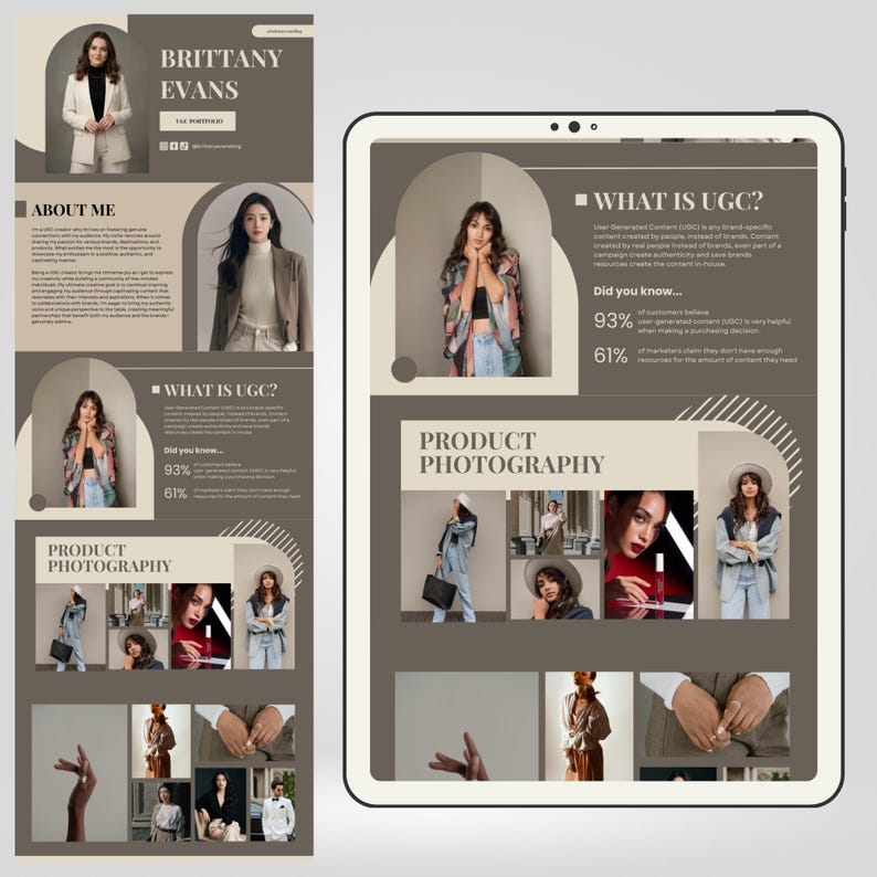 Puede incluir: Un portafolio de marketing digital que se muestra en una tableta y un tel&eacute;fono. El portafolio presenta im&aacute;genes de fotograf&iacute;a de productos e informaci&oacute;n sobre UGC. El texto incluye "Brittany Evans", "About Me" y "What is UGC?"