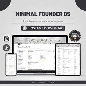 Könnte beinhalten: Werbung für ein digitales Produkt mit einem Laptop, Tablet und Smartphone, die eine Businessplan-Oberfläche anzeigen. Der Text lautet "MINIMAL FOUNDER OS" und "Planen, starten und skalieren Sie Ihr Unternehmen." Enthält Grafiken für "SOFORT-DOWNLOAD" und "KOSTENLOSER BONUS".