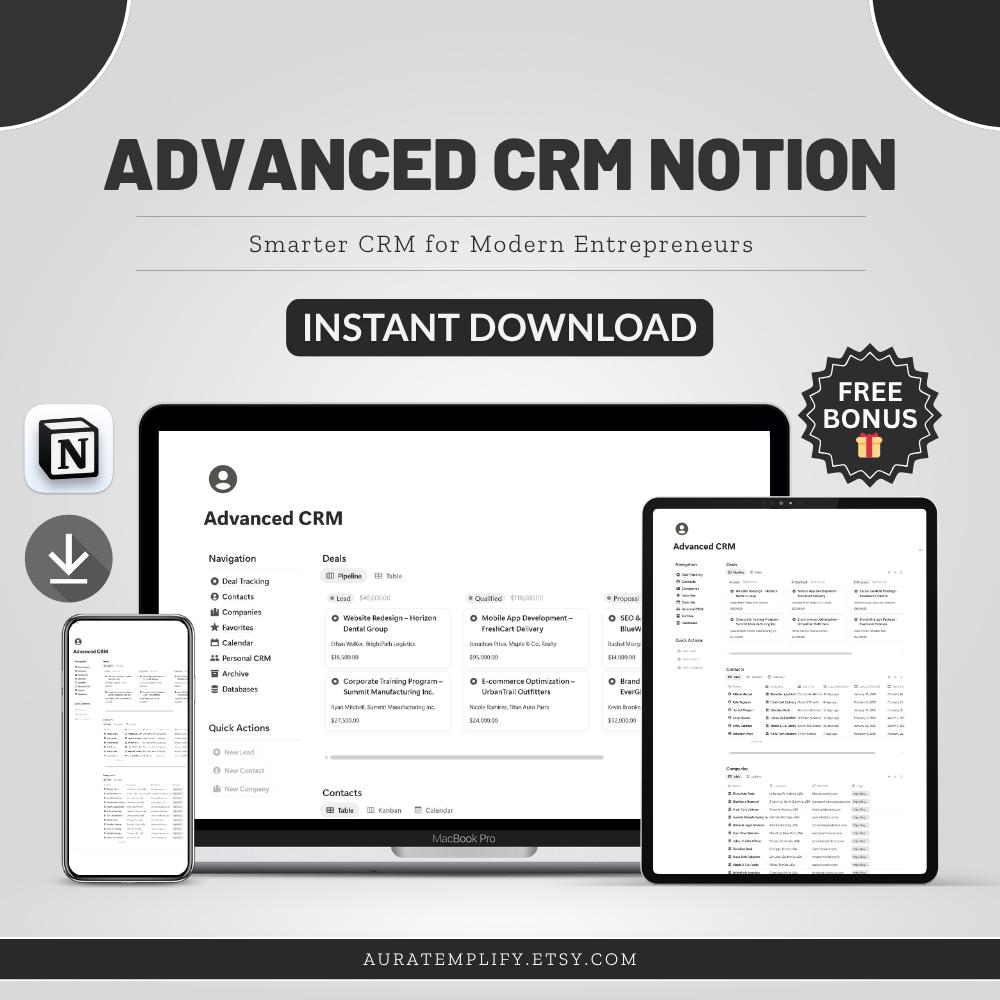 Advanced Notion CRM Template for Freelancers and Small Business Sales Tracker, Deal Pipeline, Client Management System & Organizer