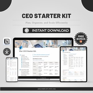 May include: A digital product mockup showing a laptop, tablet, and smartphone displaying a "CEO Starter Kit." The kit is designed to help users plan, organise, and scale efficiently. Includes a "Free Bonus" offer and an "Instant Download" option.