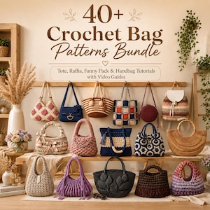 Puede incluir: Una colección de bolsos de ganchillo en varios estilos, incluyendo totes, bolsos de rafia, riñoneras y bolsos de mano. La imagen presenta una variedad de colores y texturas, con el texto "40+ Crochet Bag Patterns Bundle" en la parte superior.