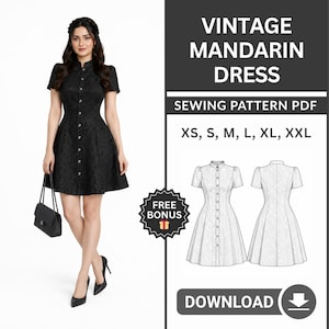 Könnte beinhalten: Ein schwarzes Vintage-Mandarin-Kleid mit kurzen Ärmeln und einer Knopfleiste. Das Bild enthält ein PDF-Schnittmuster mit den Größen XS bis XXL. Das Kleid wird von einer Person getragen, die eine schwarze Handtasche hält und schwarze Absätze trägt.