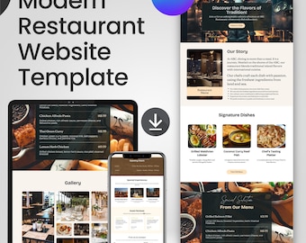 Plantillas de Canva para sitios web de restaurantes / Página de inicio editable, diseño de menús para cafeterías, kit de marca para restaurantes, negocios de comida y cafeterías.