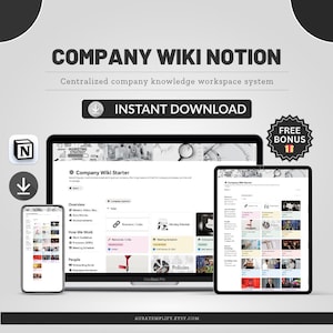 May include: A digital product mockup featuring a laptop, tablet, and smartphone displaying a "Company Wiki Starter" interface. The image includes the text "Company Wiki Notion" and "Instant Download."