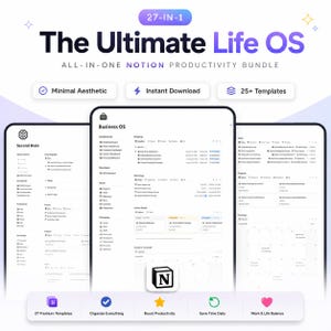 Puede incluir: Un paquete de productividad digital 27 en 1 para Notion titulado The Ultimate Life OS. El gráfico muestra tres pantallas tipo tableta con diseños de panel para Second Brain, Business OS y gestión de tareas con texto e iconos.