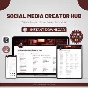 May include: A digital product mockup showing a laptop, tablet, and smartphone displaying a content creation hub interface. The text reads "Social Media Creator Hub" and "Instant Download". A "Free Bonus" badge is also visible.
