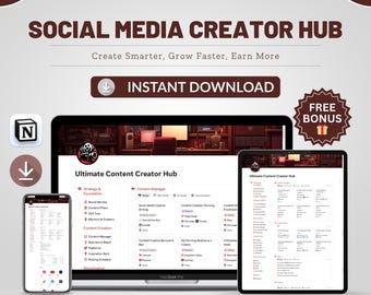 Panel de control de plantilla Notion para creadores de redes sociales, planificador de contenido para influencers, emprendedores digitales, estrategia de marca y seguimiento del crecimiento.