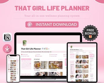 That Girl Notion Life Planner | Aesthetic Glow Up Productivity System, Habit Tracker & Digital Soft Life Goal Planner Notion Template