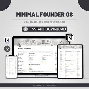 Puede incluir: Anuncio de un producto digital que muestra la interfaz "Minimal Founder OS" en un portátil, una tableta y un smartphone. El texto incluye "Planifica, lanza y escala tu negocio" y "Descarga instantánea". El logotipo es una "N" blanca en un cuadrado negro.